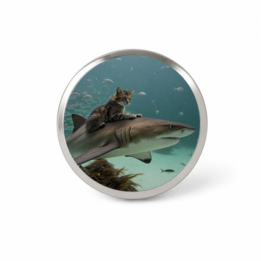 Cat Riding Shark Under Water Novelty Hat Backpack Lapel Pin