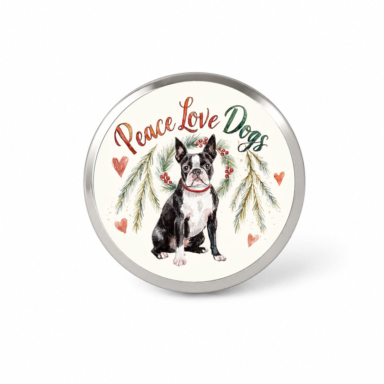 Boston Terrier Peace Love Dogs Christmas Novelty Hat Backpack Lapel Pin