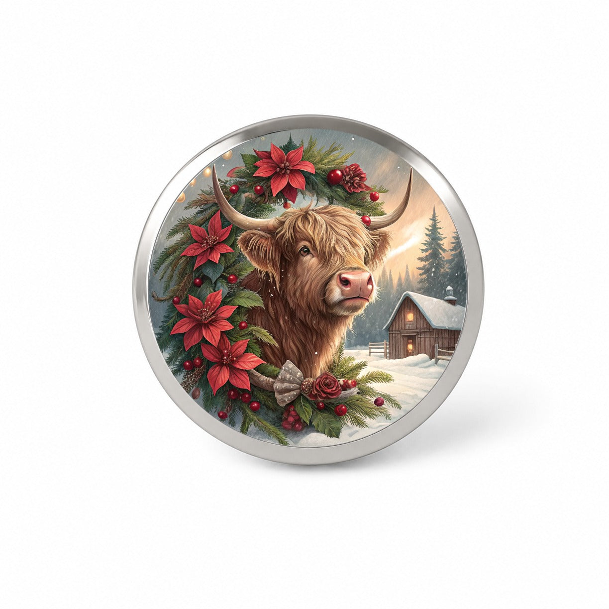 Christmas Highland Cow Barn Novelty Hat Backpack Lapel Pin