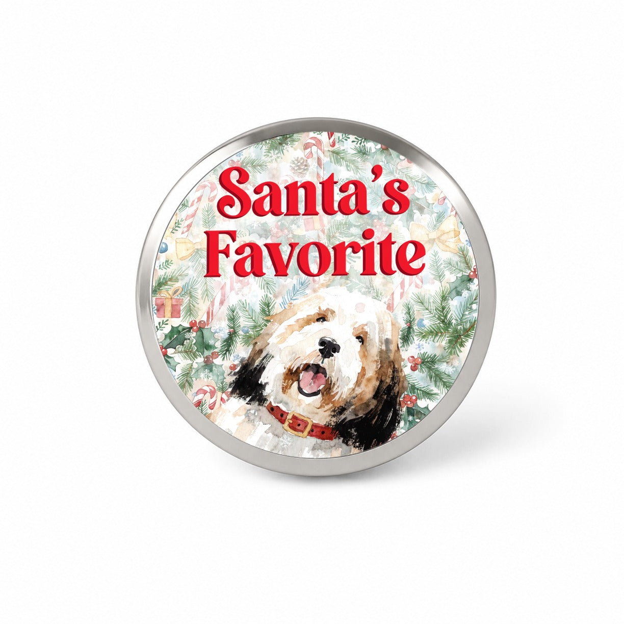 Old English Sheepdog Christmas Santa's Favorite Novelty Hat Backpack Lapel Pin