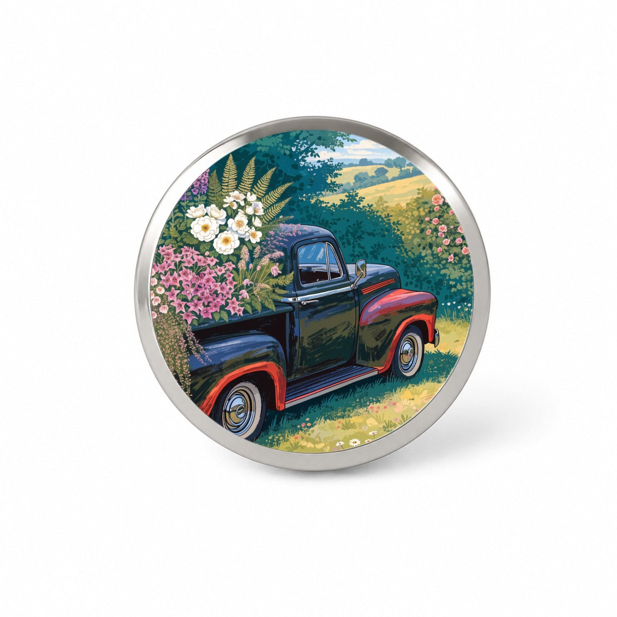 Charming Vintage Flower Pickup Truck Novelty Hat Backpack Lapel Pin