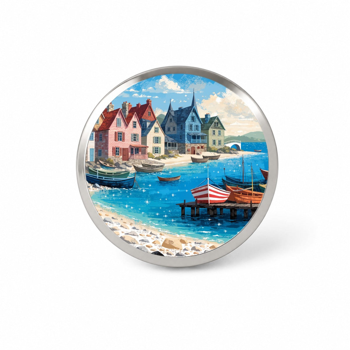 Colorful Coastal Fishing Village Novelty Hat Backpack Lapel Pin