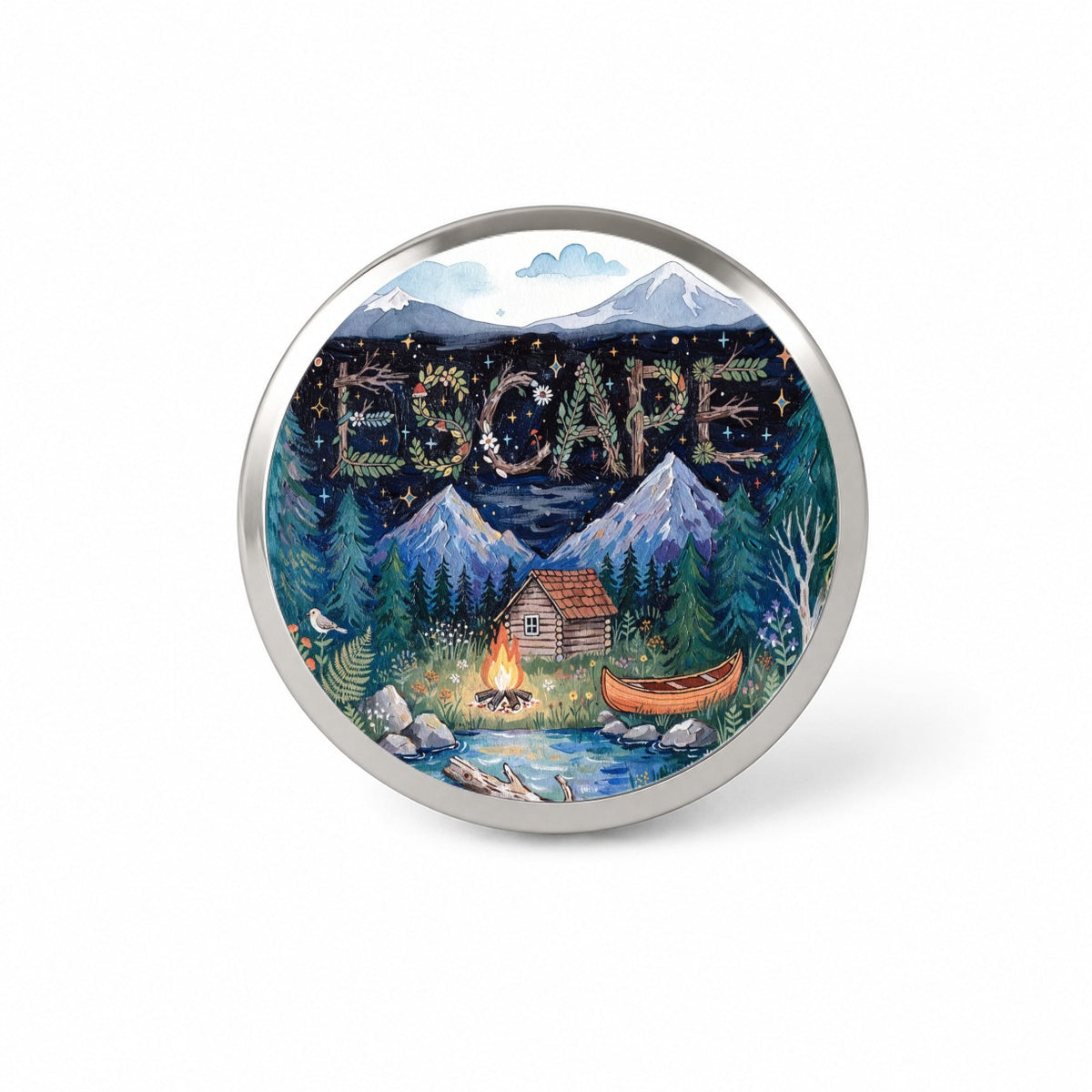 Escape Cozy Cabin Campfire Novelty Hat Backpack Lapel Pin