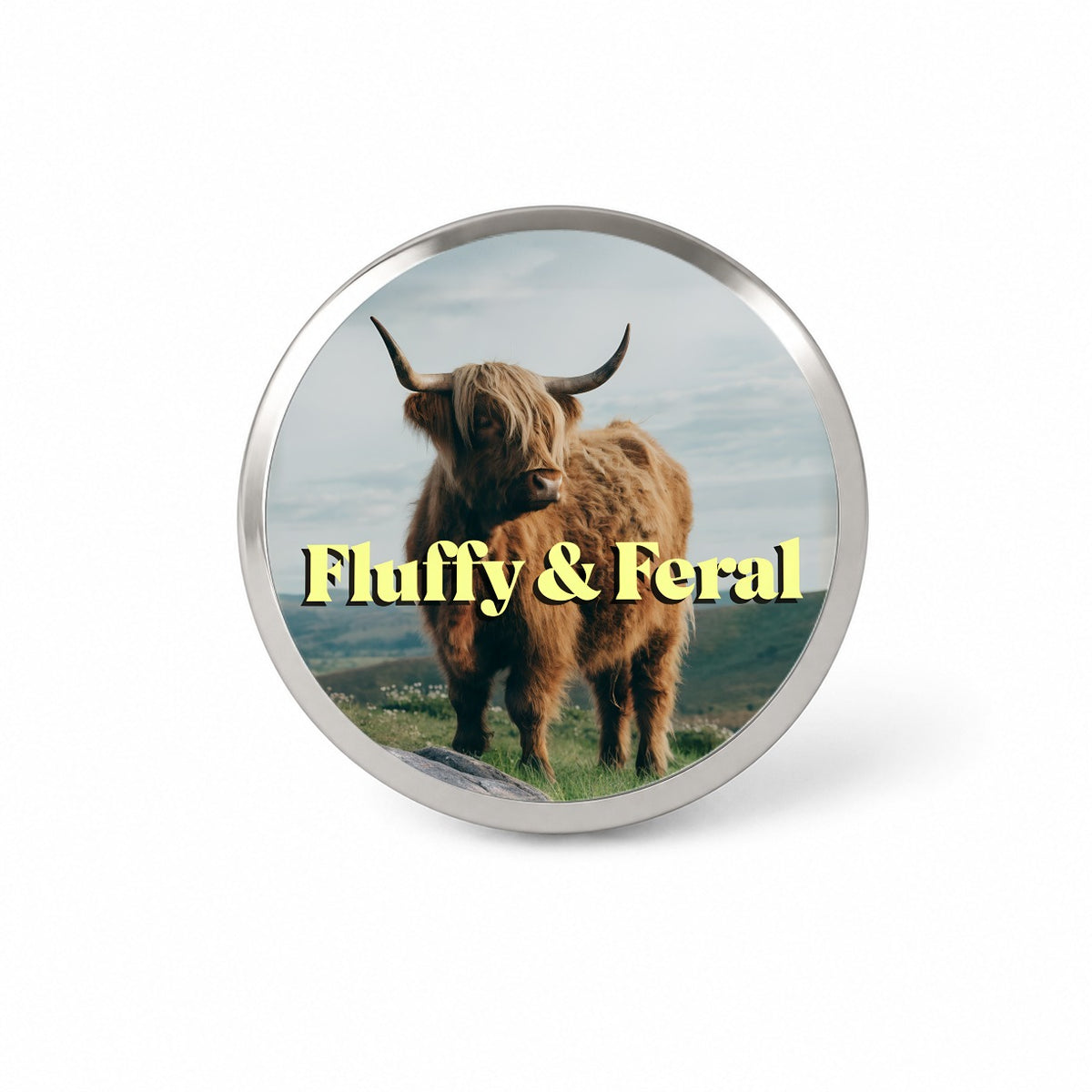 Fluffy Feral Highland Cow Funny Novelty Hat Backpack Lapel Pin
