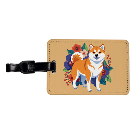 Akita Dog Floral Flowers Travel Faux Leather Luggage Tag