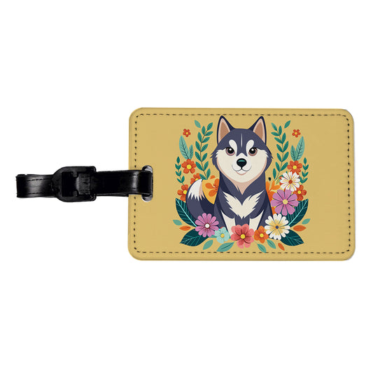 Alaskan Klee Kai Dog Floral Flowers Travel Faux Leather Luggage Tag