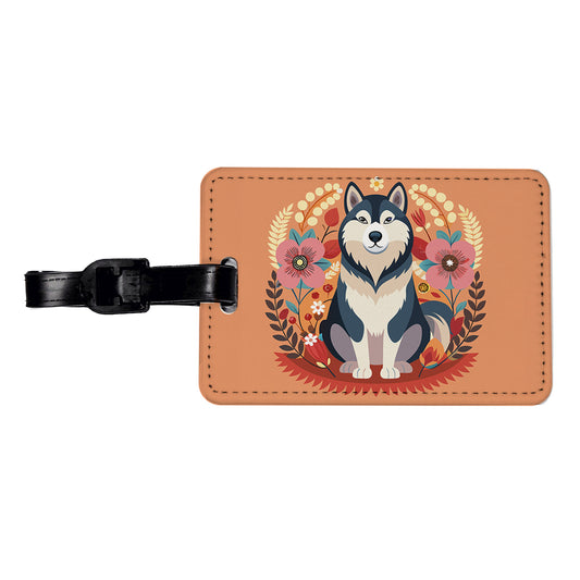 Alaskan Malamute Dog Floral Flowers Travel Faux Leather Luggage Tag