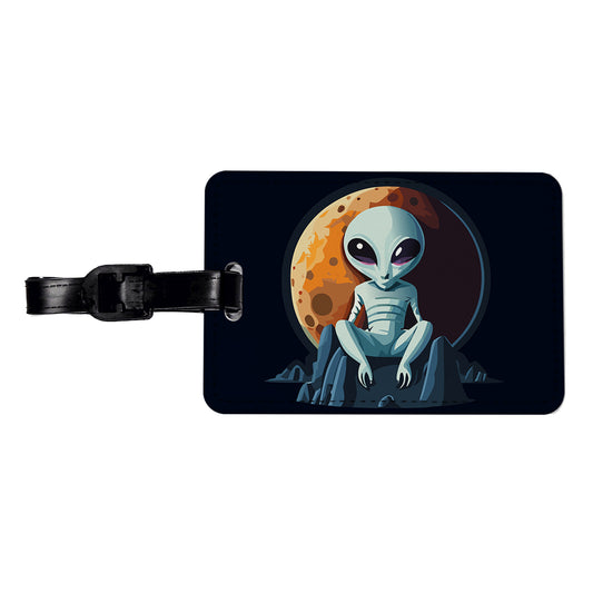 Alien Sitting Moon Planet Space Travel Faux Leather Luggage Tag