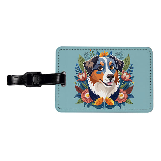 Australian Shepherd Dog Floral Flowers Travel Faux Leather Luggage Tag