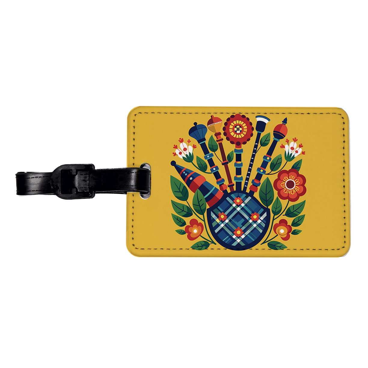 Bagpipes Music Floral Motif Travel Faux Leather Luggage Tag