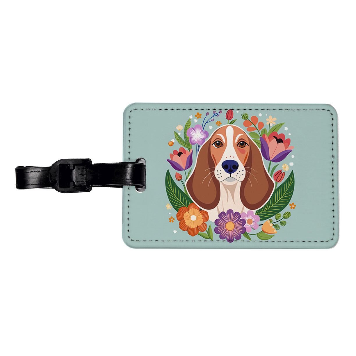 Basset Hound Dog Floral Flowers Travel Faux Leather Luggage Tag