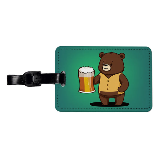 Bear Drinking Beer Standing Funny Travel Faux Leather Luggage Tag