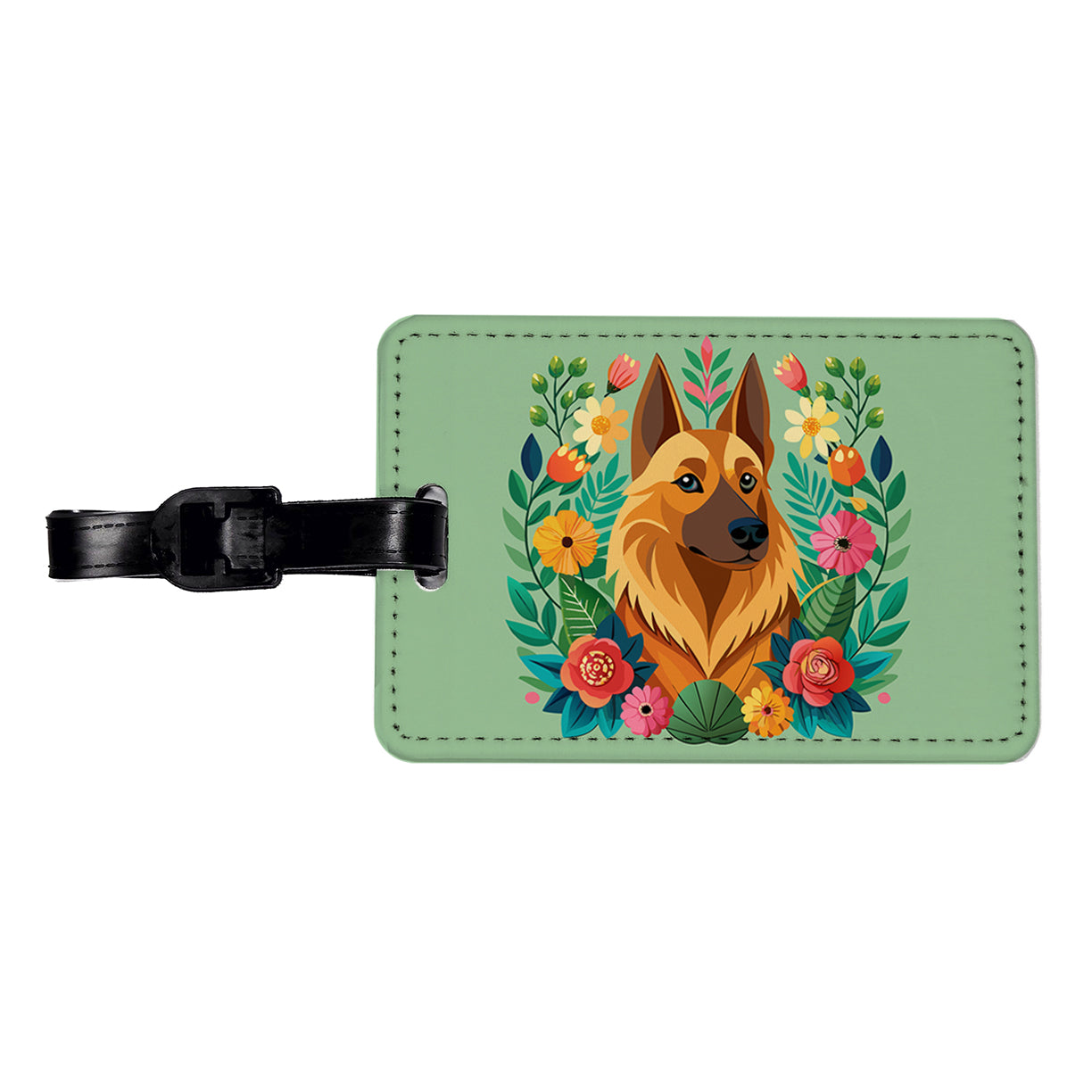 Belgian Shepherd Dog Floral Flowers Travel Faux Leather Luggage Tag