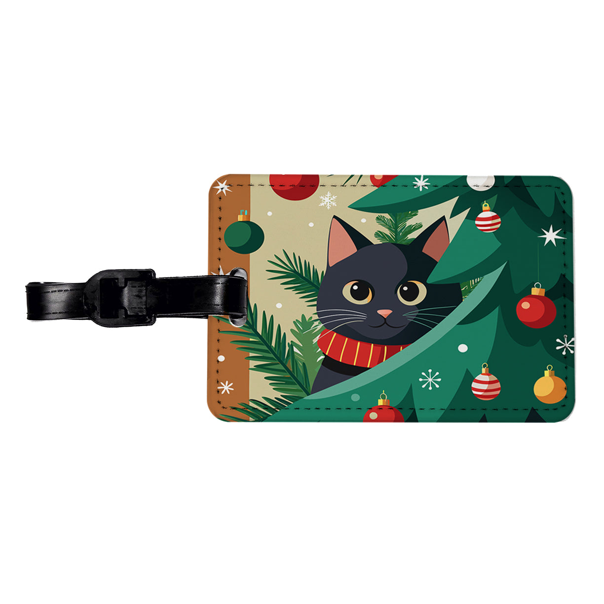 Black Cat Hiding in Christmas Tree Travel Faux Leather Luggage Tag