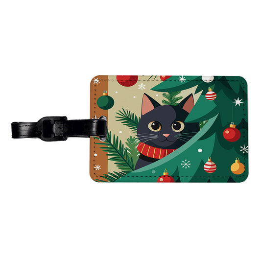 Black Cat Hiding in Christmas Tree Travel Faux Leather Luggage Tag