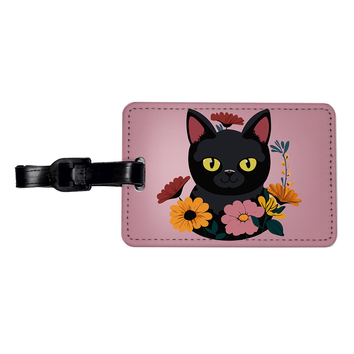 Black Cat in Flowers Travel Faux Leather Luggage Tag