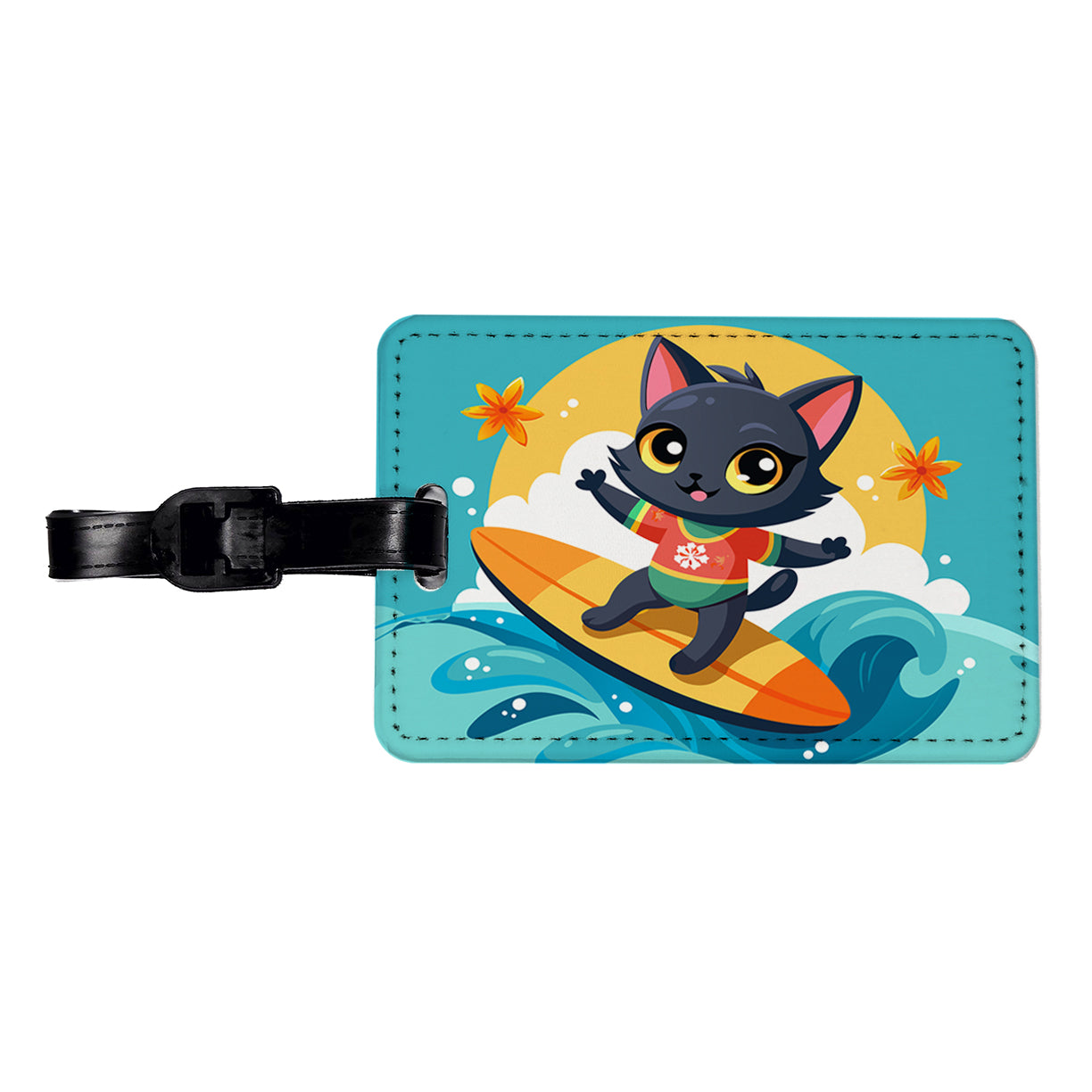 Black Cat Kitty Girl Surfing Travel Faux Leather Luggage Tag