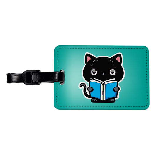Black Cat Reading Book Travel Faux Leather Luggage Tag