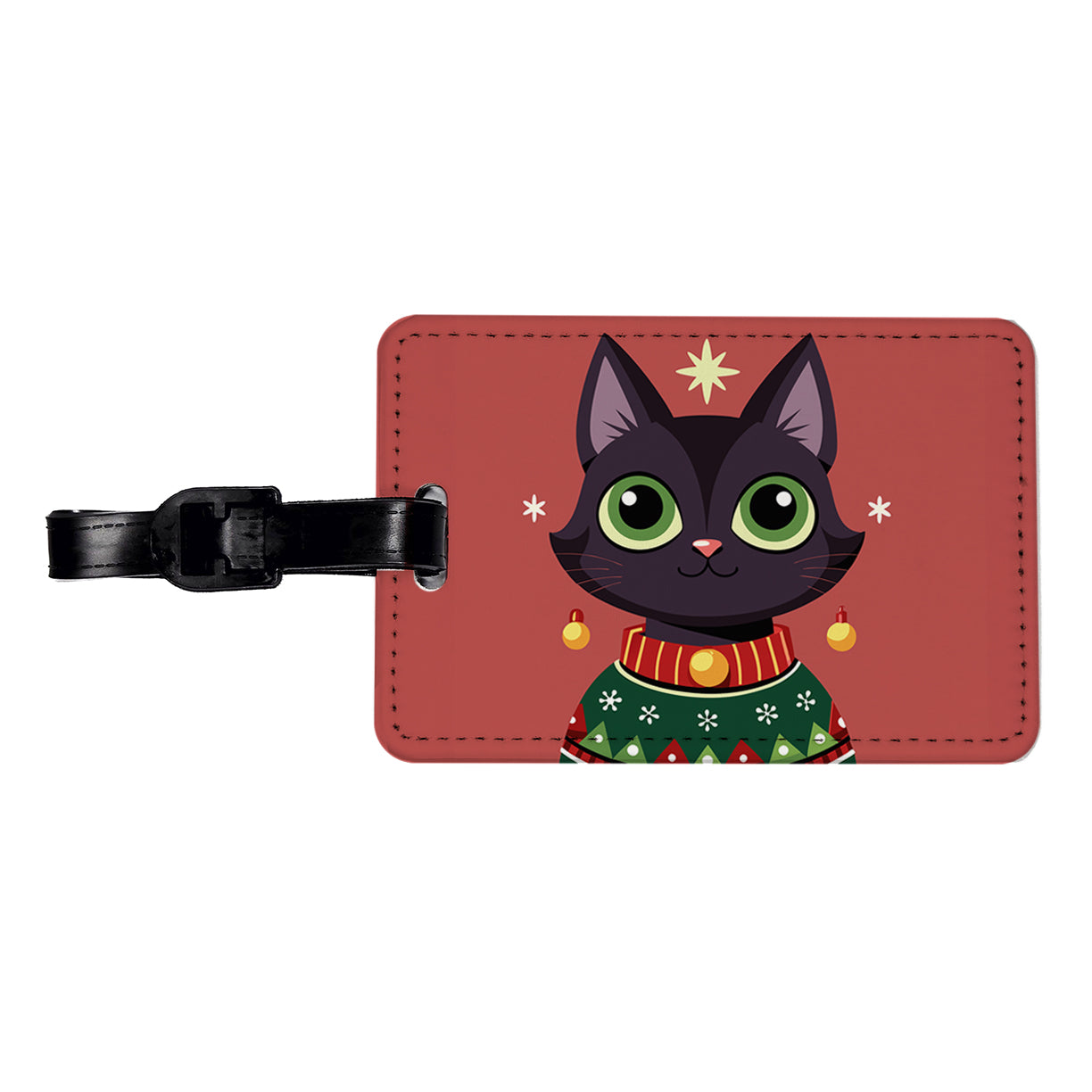 Black Cat Wearing Christmas Sweater Travel Faux Leather Luggage Tag