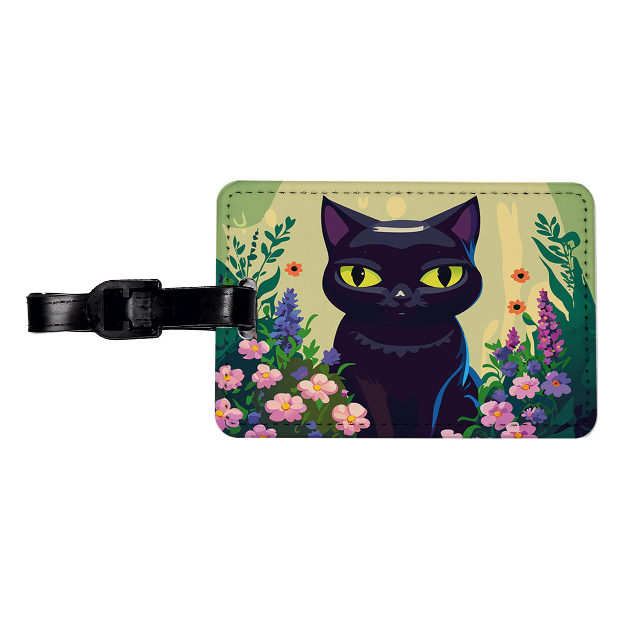 Black White Cat in Flower Garden Travel Faux Leather Luggage Tag
