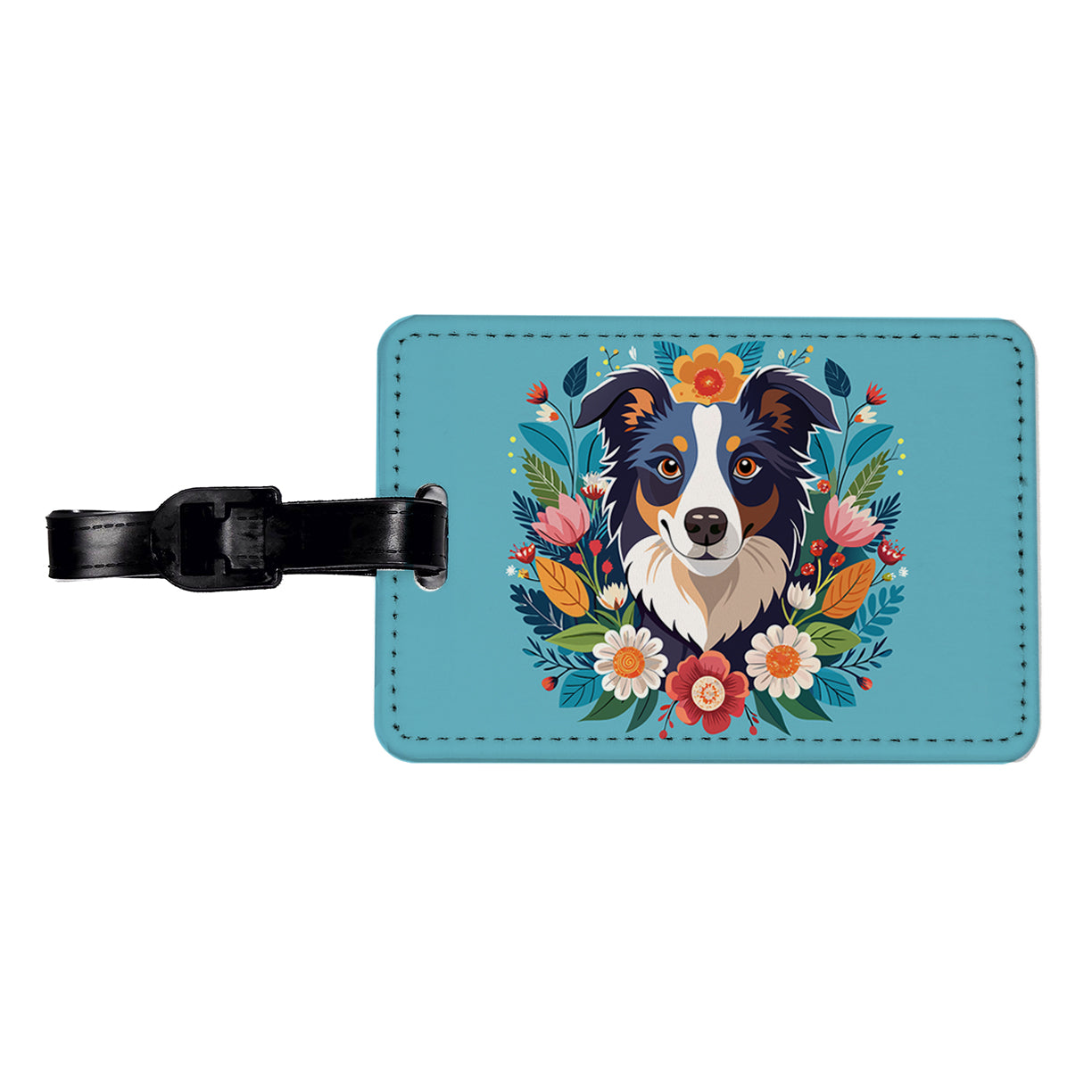 Border Collie Dog Floral Flowers Travel Faux Leather Luggage Tag