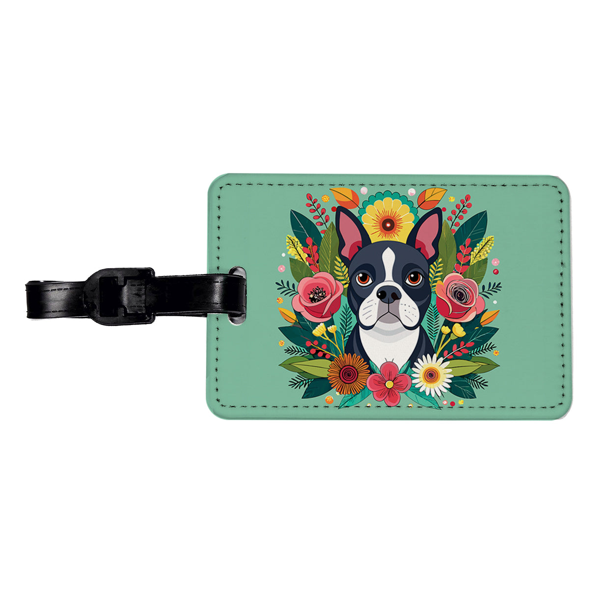 Boston Terrier Dog Floral Flowers Travel Faux Leather Luggage Tag