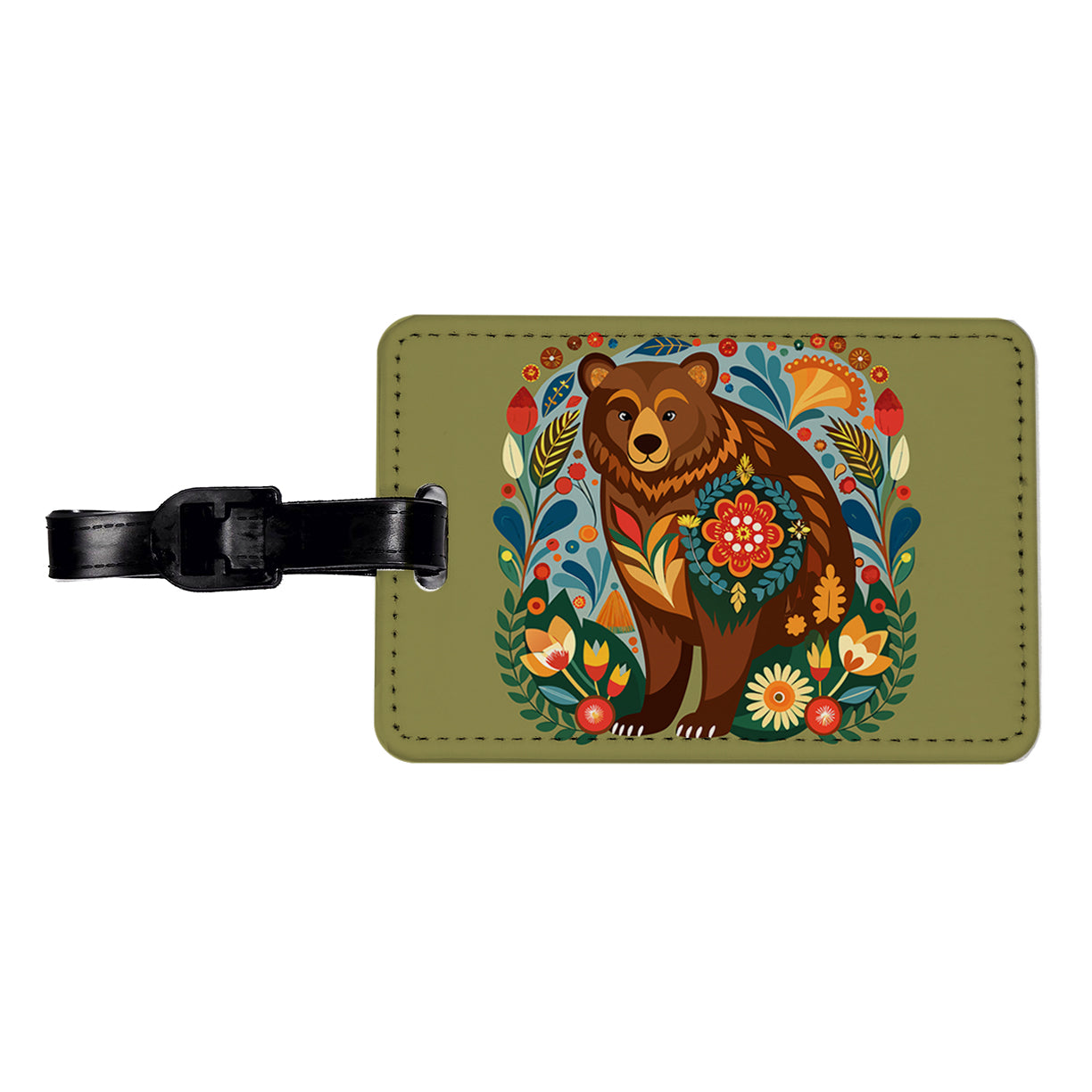 Brown Bear Floral Motif Travel Faux Leather Luggage Tag