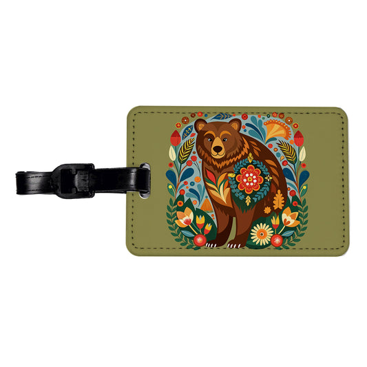 Brown Bear Floral Motif Travel Faux Leather Luggage Tag