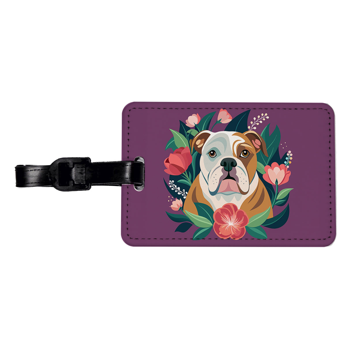 Bulldog Dog Floral Flowers Purple Background Travel Faux Leather Luggage Tag