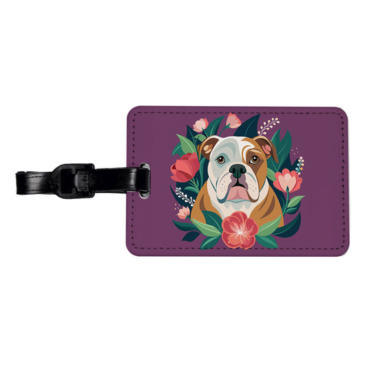 Bulldog Dog Floral Flowers Purple Background Travel Faux Leather Luggage Tag