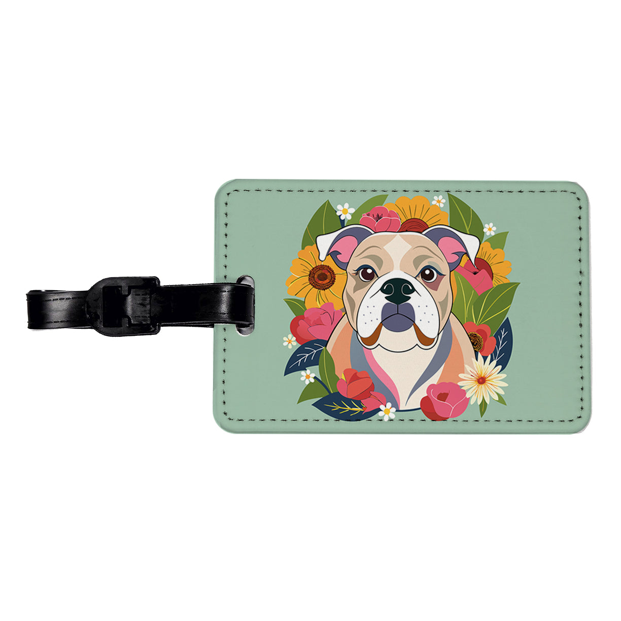 Bulldog Dog Floral Flowers Travel Faux Leather Luggage Tag