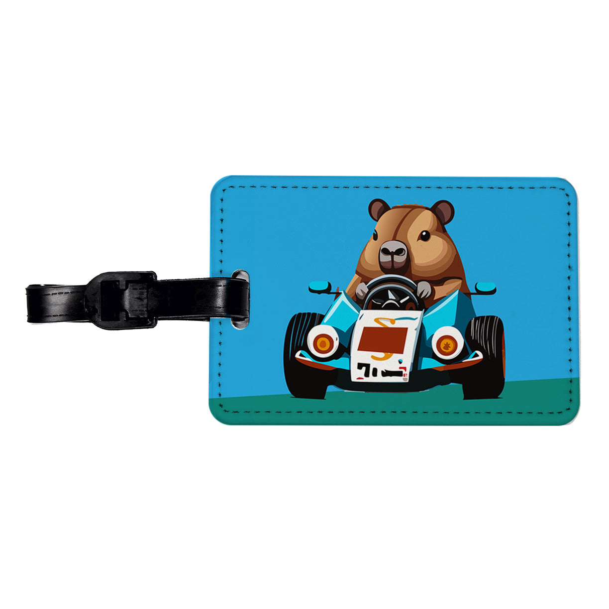 Capybara Driving Race Car Funny Travel Faux Leather Luggage Tag