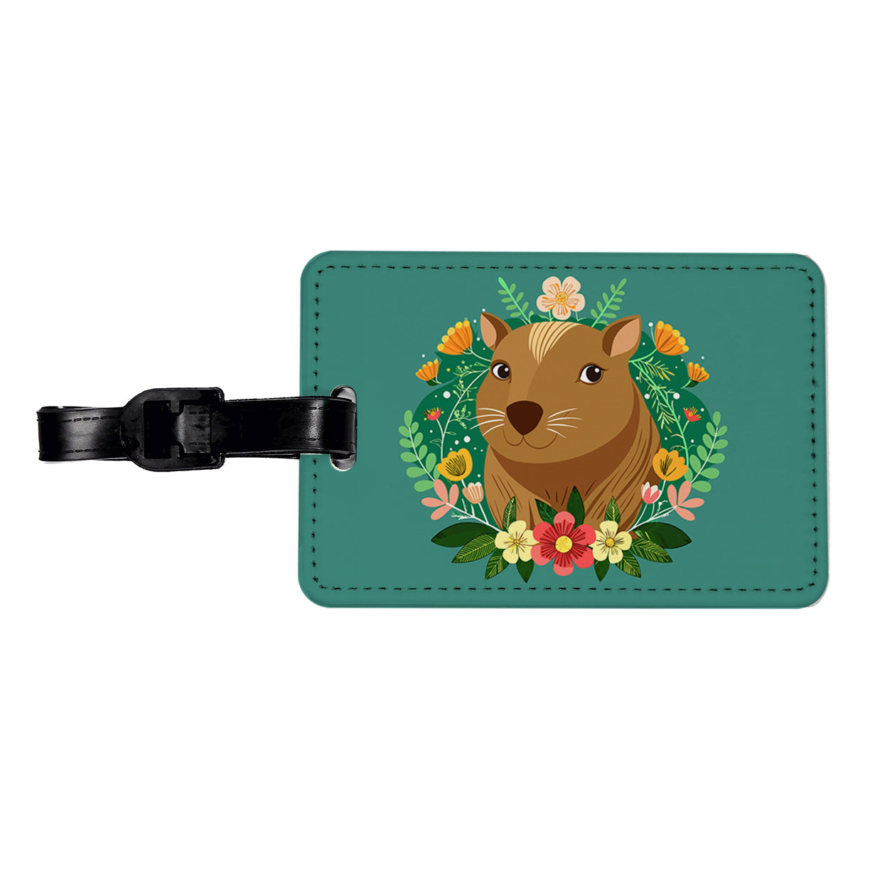 Capybara Head Floral Flowers Travel Faux Leather Luggage Tag