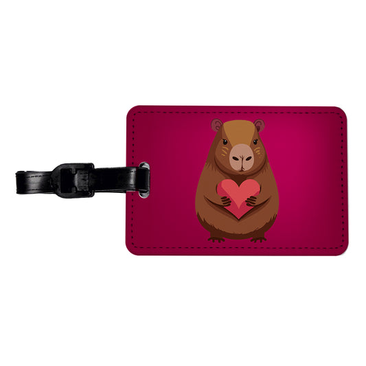 Capybara Love Holding Heart Valentines Day Anniversary Travel Faux Leather Luggage Tag