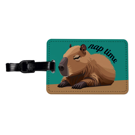 Capybara Nap Time Napping Sleeping Tired Travel Faux Leather Luggage Tag