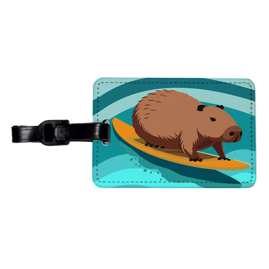 Capybara Surfing Surfer Ocean Funny Travel Faux Leather Luggage Tag