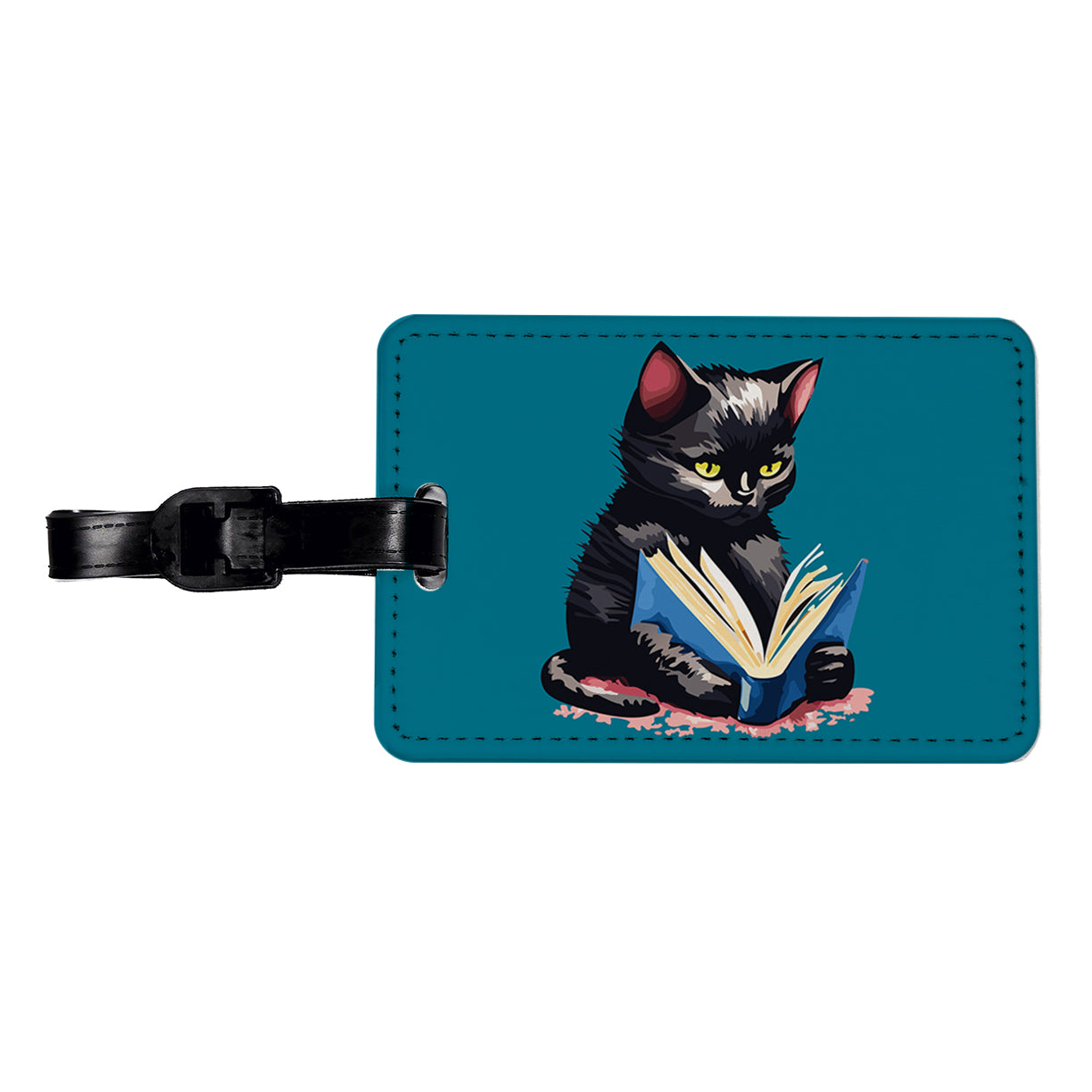 Cat Black Reading Book Reader Travel Faux Leather Luggage Tag