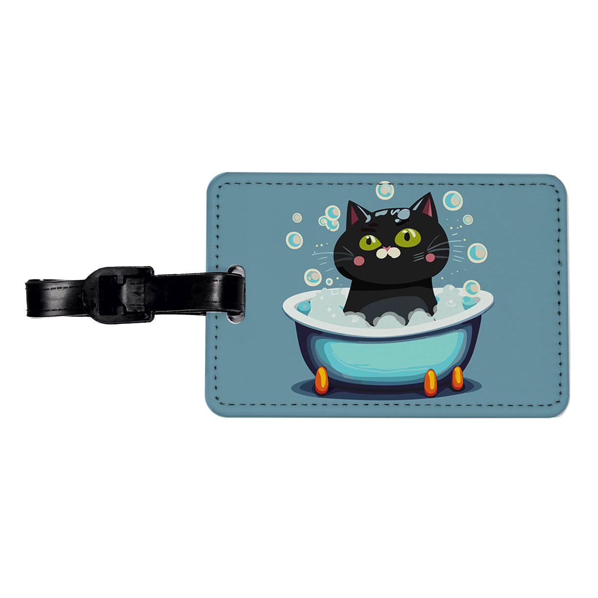 Cat Black Taking Bubble Bath Travel Faux Leather Luggage Tag