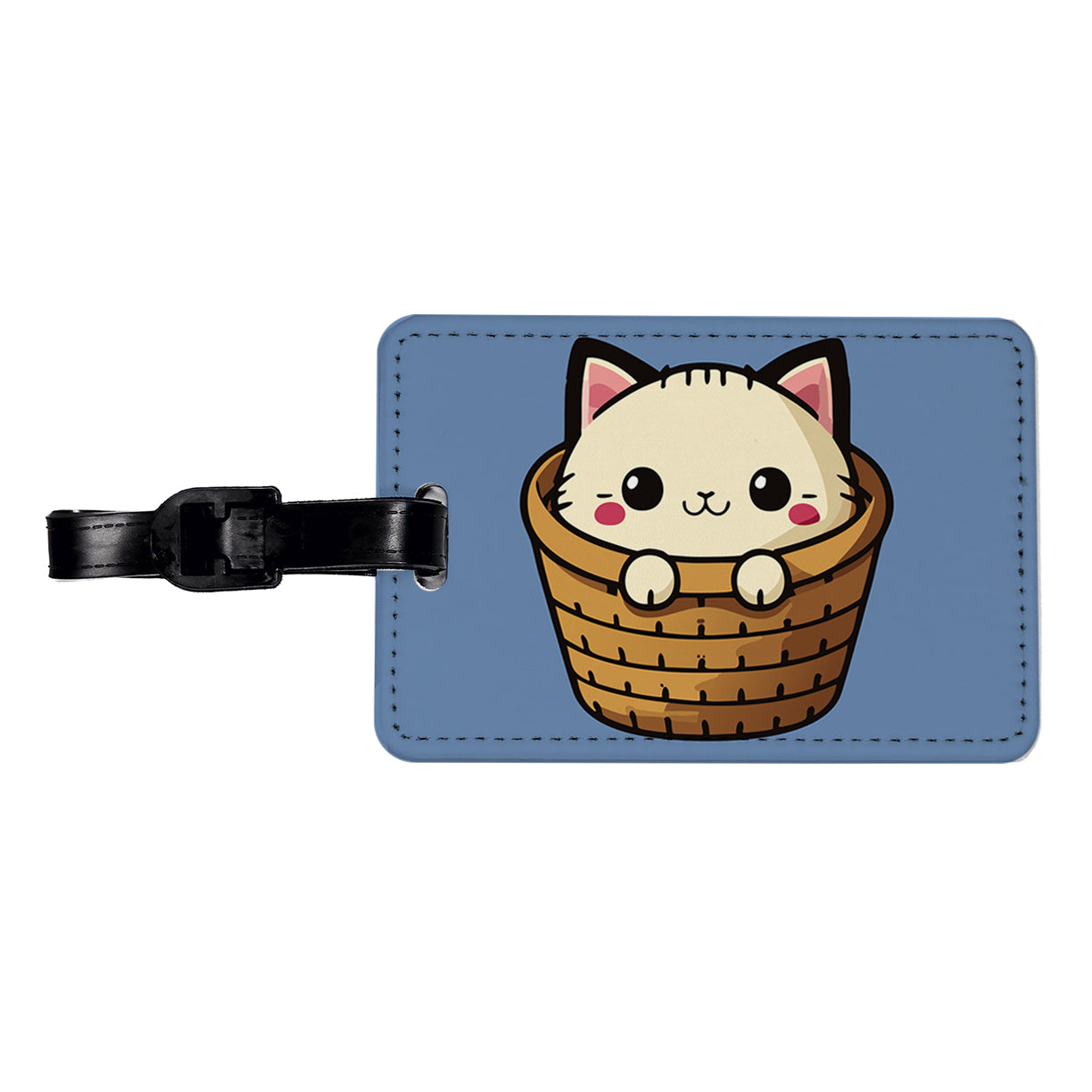 Cat Cute Chibi in Basket Travel Faux Leather Luggage Tag