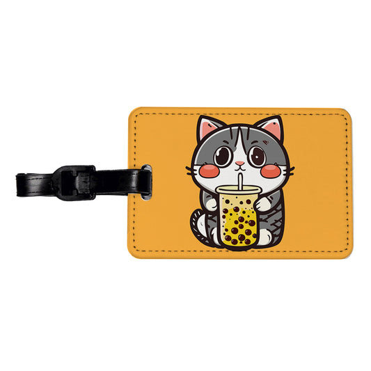 Cat Drinking Boba Bubble Tea Travel Faux Leather Luggage Tag