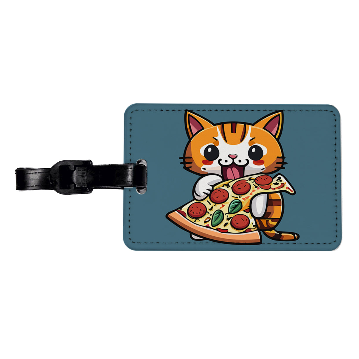 Cat Eating Pizza Funny Travel Faux Leather Luggage Tag