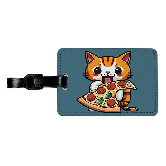 Cat Eating Pizza Funny Travel Faux Leather Luggage Tag