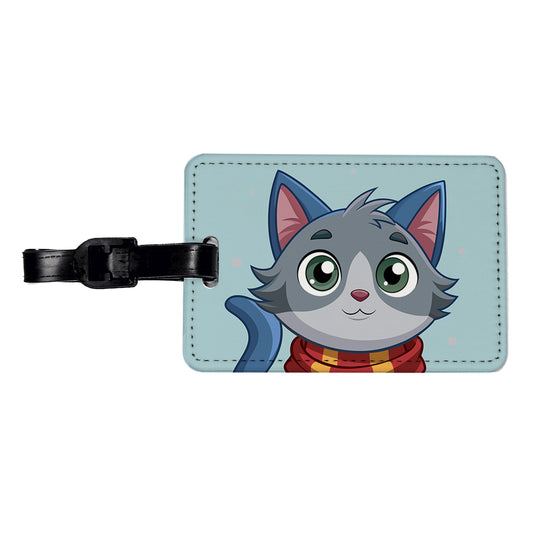 Cat Gray Wearing Winter Scarf Travel Faux Leather Luggage Tag