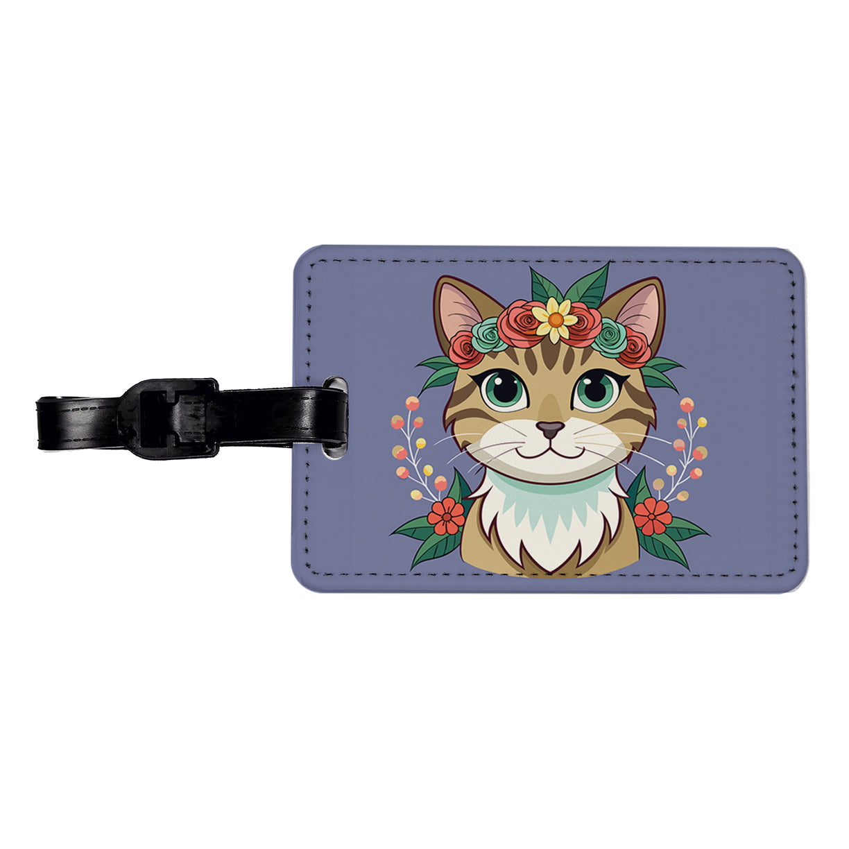 Cat Head Floral Flowers Travel Faux Leather Luggage Tag