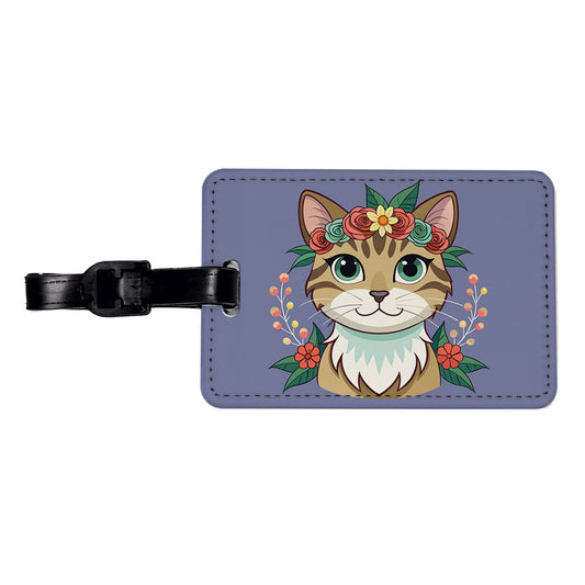 Cat Head Floral Flowers Travel Faux Leather Luggage Tag