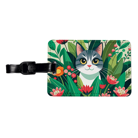 Cat Hiding in Flower Garden Travel Faux Leather Luggage Tag