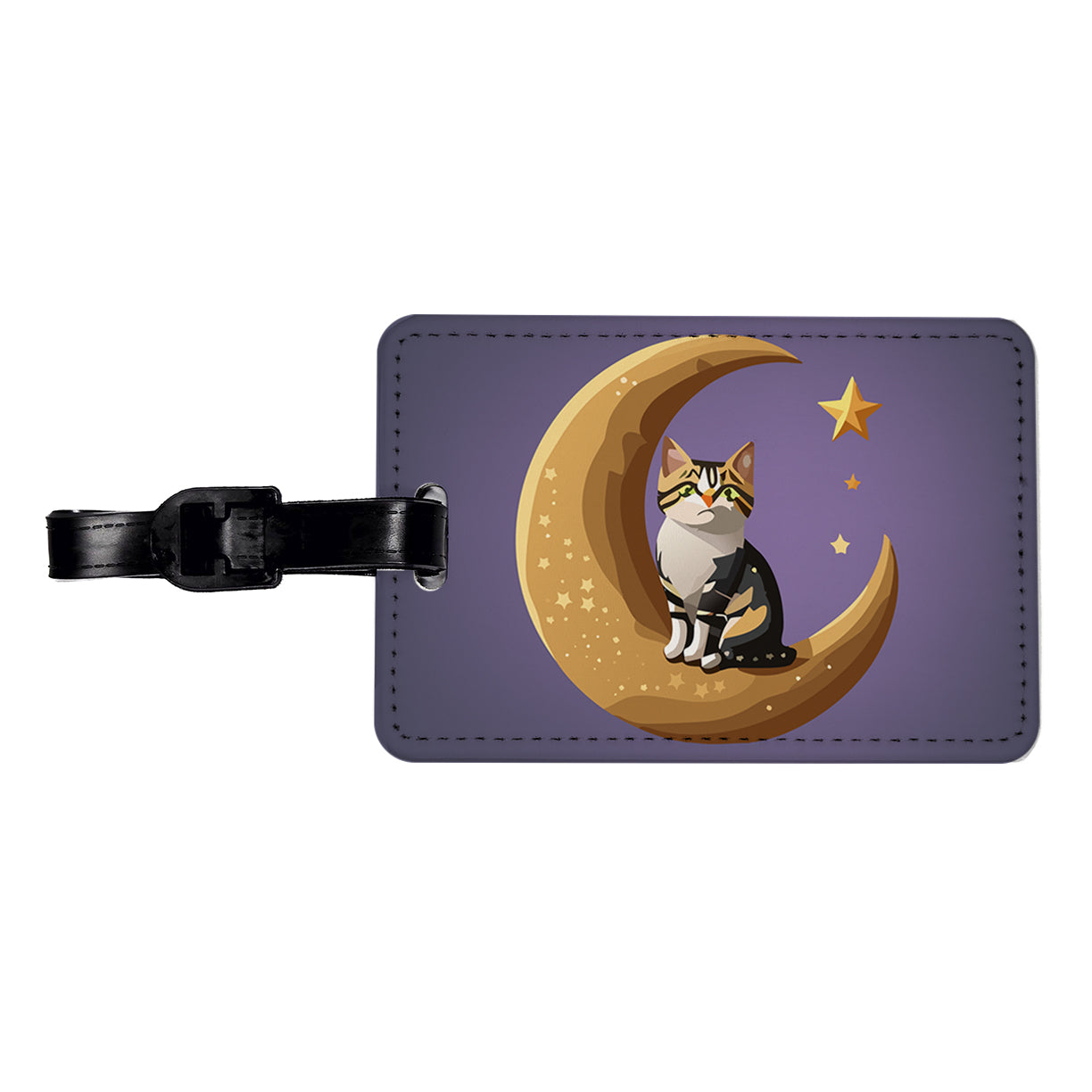 Cat on Crescent Moon Stars Cute Travel Faux Leather Luggage Tag