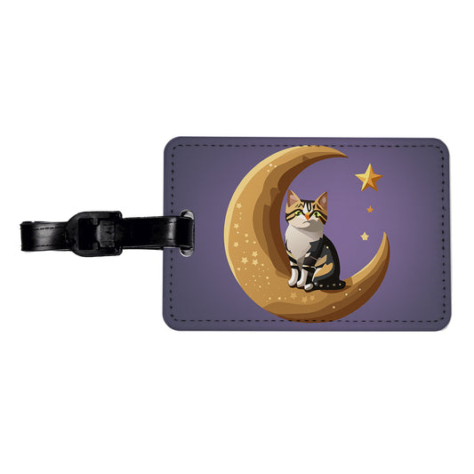 Cat on Crescent Moon Stars Cute Travel Faux Leather Luggage Tag