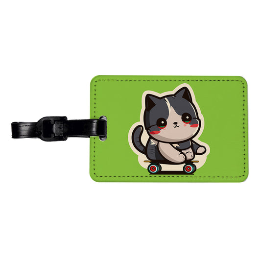 Cat Riding Skateboard Skater Kawaii Cute Travel Faux Leather Luggage Tag