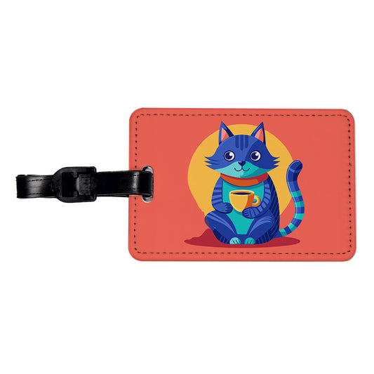 Cat Sipping Tea Travel Faux Leather Luggage Tag